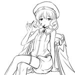  crossed_legs emerada_etuva food greyscale hat hataraku_maou-sama! looking_at_viewer monochrome pocky short_hair simple_background sitting solo thighhighs white_background zaxwu 