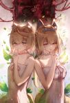 2girls absurdres advarcher animal_ear_fluff animal_ears bare_shoulders blonde_hair blue_eyes blue_hair blue_hairband blue_ribbon blush breasts closed_mouth commentary dog_ears dog_girl dog_tail dress fuwawa_abyssgard hair_intakes hair_ornament hairband highres hololive hololive_english index_finger_raised long_hair medium_breasts mococo_abyssgard multicolored_hair multiple_girls pink_eyes pink_hairband pink_ribbon ribbon siblings sisters sleeveless sleeveless_dress small_breasts streaked_hair tail twins virtual_youtuber white_dress 