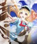  1girl absurdres alternate_costume blonde_hair blowing_whistle blue_hat blue_jacket blue_skirt collared_shirt commentary_request gradient_hair greatest_(otonose_kanade) hat highres holding holding_whistle hololive hololive_dev_is jacket long_hair multicolored_hair necktie nikoneko orange_hair otonose_kanade peaked_cap pointing red_eyes red_necktie shirt skirt solo through_window train train_conductor virtual_youtuber whistle white_shirt 