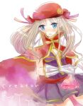  1girl belt beret blue_eyes blush breasts brown_hair cape character_name commentary_request cowboy_shot creator_(ragnarok_online) dormir_(challco) dress erlenmeyer_flask expressionless flask gloves hat long_hair looking_at_viewer open_mouth plunging_neckline potion purple_dress ragnarok_online red_belt red_cape red_hat simple_background small_breasts solo white_background white_gloves 