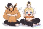  1boy 1girl adoptive_siblings alternate_hairstyle barefoot blonde_hair blue_eyes blunt_bangs boruto:_two_blue_vortex boruto_(series) brother_and_sister character_doll commentary_request doll facial_tattoo head_tilt holding holding_doll holding_stuffed_toy indian_style kawaki_(boruto) kurama_(naruto) makio1313 multicolored_hair naruto_(series) siblings signature sitting stuffed_toy tattoo two-tone_hair undercut uzumaki_himawari uzumaki_naruto watermark 