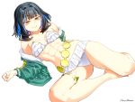  1girl abs bare_shoulders belly_chain bikini black_hair blue_hair breasts choker collarbone colored_inner_hair commentary dantonphanton eyeliner fate/grand_order fate_(series) green_jacket grey_eyes grin highres jacket jewelry long_sleeves looking_at_viewer lying makeup medium_breasts multicolored_hair navel off_shoulder on_side short_hair sidelocks smile solo swimsuit tenochtitlan_(fate) tenochtitlan_(swimsuit_mooncancer)_(first_ascension)_(fate) thighs toned toned_female white_bikini 