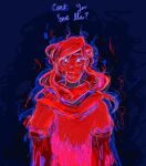  1girl absurdres blue_background bluebelledmoon burning commentary english_commentary english_text eyelashes fire highres kurashiki_akane kyokugen_dasshutsu kyokugen_dasshutsu:_9_jikan_9_nin_9_no_tobira limited_palette long_hair solo upper_body 