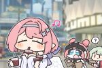  3girls ? ahoge aria_(robot)_(zenless_zone_zero) aria_(zenless_zone_zero) backpack bag black_skirt blue_eyes blue_sky blurry blurry_background blush breasts bubble_tea bubble_tea_challenge chibi chibi_only closed_eyes closed_mouth commentary_request cup day detached_sleeves disposable_cup dress drinking drinking_straw game_screenshot_background green_hair hair_ornament headset holding holding_cup holding_sign humanoid_robot korean_commentary large_breasts long_sleeves medium_hair multiple_girls musical_note open_mouth outdoors pink_bag pink_hair pink_sleeves remielle_dan robot screenshot_background shirt sign skirt sky spoken_question_mark striped_sleeves sunna_(zenless_zone_zero) underdatv white_dress white_shirt white_wings wings zenless_zone_zero 
