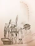  1boy 2girls ahoge armor axe bikini_armor boots bow breastplate cloak commentary_request double-sided_axe dress fantasy full_body gauntlets graphite_(medium) hair_bow hair_ornament hair_ribbon hands_up highres holding holding_polearm holding_weapon hood hooded_cloak jun_(navigavi) knee_armor leg_armor long_hair looking_at_another looking_down monochrome multiple_girls open_box open_mouth original over_shoulder paper_background photo_(medium) polearm polearm_on_back ribbon short_hair shoulder_armor sketch spear standing traditional_media vambraces wavy_mouth weapon weapon_over_shoulder 