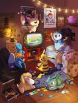  bean_bag_chair bird blastoise brass_tower_(pokemon) bulbasaur charizard clefairy controller crt ditto doll duck ecruteak_city english_commentary food gabedraws4u game_boy game_boy_advance game_boy_advance_(original) game_console game_controller gengar handheld_game_console ho-oh holding holding_controller holding_game_controller lava_lamp mudkip nintendo_64 nintendo_64_controller no_humans oddish on_bed penguin pikachu piplup pizza pizza_box pokemon pokemon_(creature) pokemon_card pokemon_snap pokemon_tcg poliwhirl poster_(object) psyduck stuffed_toy substitute_(pokemon) tentacruel 