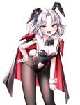  1girl absurdres alternate_costume animal_ears bent_over black_bow black_bowtie black_cape black_leotard black_pantyhose blush bow bowtie breasts cape cleavage clothing_cutout dasom detached_collar drake_(nikke) fake_animal_ears fake_tail goddess_of_victory:_nikke heart_cutout highres leotard medium_breasts navel navel_cutout open_mouth pantyhose parted_bangs playboy_bunny rabbit_ears rabbit_tail red_cape red_eyes short_hair sidelocks smile solo standing strapless strapless_leotard tail two-sided_cape two-sided_fabric white_background white_hair wrist_cuffs 