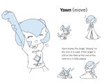  alternate_color arms_up blue_hair closed_eyes commentary covering_own_mouth dress english_commentary english_text gameplay_mechanics gardevoir gribberoni hand_on_own_arm hand_over_own_mouth head_on_pillow highres motion_lines on_pillow pillow pokemon pokemon_(creature) pokemon_champions pokemon_focus shiny_pokemon shirt short_sleeves sleeping sleepy squeans stretching sylveon t-shirt white_background white_dress white_shirt yawning zzz 