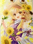  1girl :d art_tools_in_frame beetle blonde_hair blush bow brown_hat bug commentary_request detached_sleeves flower hair_bow hair_ribbon hat highres holding holding_flower long_sleeves looking_at_viewer moriya_suwako open_mouth orange_eyes photo_(medium) purple_skirt purple_vest ribbon ribbon-trimmed_sleeves ribbon_trim signature skirt smile solo sunflower teeth touhou traditional_media tress_ribbon upper_teeth_only vest wide_sleeves yellow_flower yuzugoori 