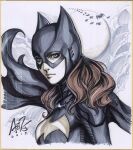  1girl barbara_gordon bat_mask batgirl batman_(series) batman_symbol black_mask blue_eyes breasts brown_hair cape closed_mouth commentary cowl cropped_torso dc_comics english_commentary from_side looking_at_viewer marker_(medium) mask photo_(medium) signature solo stanley_lau traditional_media 