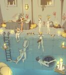  6+girls ? animal_ears back bare_shoulders barefoot black_hair blonde_hair blood bloody_handprints breasts brown_eyes candle commentary crossover dog_ears dog_girl dog_tail erica_hartmann feet full_body hair_over_one_eye halloween handprint highres holding horse_ears horse_girl horse_tail idolmaster idolmaster_cinderella_girls indoors jack-o'-lantern long_hair medium_hair miyafuji_yoshika multiple_crossover multiple_girls navel panties pool pumpkin rice_shower_(umamusume) rou_(rou22) sakurai_momoka scratches shirasaka_koume short_hair sitting skull sleeveless small_breasts smile soles standing strike_witches swimming swimsuit tail toes umamusume underwater underwear world_witches_series 