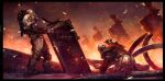  2boys acid_bufferzone armor artist_name baggy_clothes black_border border cable crawling fire helmet masahiro_ito mecha_pilot_suit military_uniform multiple_boys number_print pauldrons pulling russian_text science_fiction shoulder_armor sparks traditional_media 