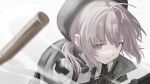  1girl absurdres ahoge black_necktie bolt_action brown_jacket bullet casing_ejection cheyanne_(girls'_frontline_2) cheytac_m200 collared_shirt commentary_request girls'_frontline girls'_frontline_2:_exilium grey_hair gun hair_between_eyes highres holding holding_gun holding_weapon jacket looking_at_viewer m200_(girls'_frontline) necktie norah_(user_ssdu2828) ponytail purple_eyes radio rifle shell_casing shirt simple_background skirt smoke sniper_rifle solo weapon white_background white_shirt wind 