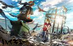  2boys animal bird birdcage black_bird black_shirt black_shorts blonde_hair blue_sky cage cat chain-link_fence closed_mouth cloud cloudy_sky commentary_request copyright_logo crow day eye_contact falling_feathers feathers fence haikyuu!! highres hinata_shouyou hugging_own_leg kozume_kenma leg_up logo looking_at_another male_focus multiple_boys orange_hair outdoors red_shirt red_shorts rubble scenery shirt shoes short_hair short_sleeves shorts sitting sky sneakers spiked_hair sportswear squatting trash_can tyj_(tyjing03) very_short_hair volleyball_uniform yellow_eyes 