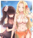  2girls :d absurdres aqua_nails aqua_scrunchie arm_at_side arm_hug bare_arms bare_shoulders beach bikini black_nails black_one-piece_swimsuit blonde_hair blue_sky bow bow_swimsuit breasts chinese_commentary cleavage closed_mouth colored_eyelashes commentary_request covered_eyes covered_navel cowboy_shot curtained_hair day earrings facing_viewer fingernails flower flower_request forehead frilled_one-piece_swimsuit frills green_eyes hair_flower hair_ornament hair_over_eyes hand_up highres jewelry kakure_meme kimi_no_koto_ga_dai_dai_dai_dai_daisuki_na_100-nin_no_kanojo large_breasts long_bangs long_hair looking_at_viewer multiple_girls nail_polish navel one-piece_swimsuit open_mouth orange_sarong outdoors pigsir13152 pink_flower purple_bow red_flower sarong scrunchie see-through_cleavage see-through_clothes see-through_one-piece_swimsuit side_ponytail sky smile standing stomach swimsuit utsukushisugi_mimimi very_long_hair white_bikini wrist_scrunchie 