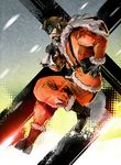  bag beard belt belt_pouch big_boss blue_eyes brown_hair christmas eyepatch facial_hair gloves headband holding holding_bag ikuyoan long_sleeves male_focus manly metal_gear_(series) metal_gear_solid pouch sack santa_costume smoke solo standing 