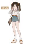  1girl absurdres bag belt belt_buckle black_hair blue_shorts blvefo9 bow brown_belt brown_eyes brown_hair buckle commentary_request forehead full_body gradient_hair grey_shirt hair_bow hand_up high-waist_shorts highres long_sleeves multicolored_hair original parted_bangs parted_lips pink_bow puffy_long_sleeves puffy_sleeves ribbed_shirt shirt shoes short_shorts shorts shoulder_bag simple_background socks solo standing twintails white_background white_shoes white_socks 