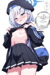  1boy 1girl beret black_choker black_hat black_nails black_sailor_collar blue_archive blue_halo blush breasts buta_(dhakaoat) choker clothes_lift commentary_request doodle_sensei_(blue_archive) embarrassed halo hat highres hisoka_morow hunter_x_hunter lifting_own_clothes looking_at_viewer navel neckerchief nipples no_bra pleated_skirt sailor_collar sensei_(blue_archive) shirt_lift short_hair skirt sleeveless small_breasts soles sumika_(blue_archive) white_background white_neckerchief 