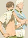  2boys aone_takanobu brown_hair clothes_lift commentary dazuzuzu futakuchi_kenji haikyuu!! lifting_own_clothes looking_to_the_side male_focus multiple_boys navel shirt_lift simple_background sportswear sweat towel towel_around_neck untranslatable_commentary volleyball_uniform white_hair yaoi 
