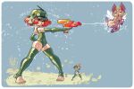 1girl arm_warmers bad_source border buhanka-chan chibi chibi_inset green_arm_warmers green_helmet green_one-piece_swimsuit helmet highres holding holding_water_gun one-piece_swimsuit original red_eyes red_hair ribbed_swimsuit ribbed_thighhighs russian_commentary russian_ground_forces shurei_u sticker stirrup_footwear summer swimsuit thighhighs water_gun white_border 