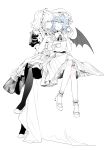  2girls absurdres apron bat_wings black_pantyhose blade_to_throat blue_hair braid chinese_commentary commentary_request dress expressionless faceless fang hair_between_eyes hat highres holding holding_knife holding_pocket_watch izayoi_sakuya knife looking_at_another maid maid_apron maid_headdress medium_dress medium_hair mob_cap multiple_girls pantyhose partially_colored pocket_watch pointy_ears remilia_scarlet shoes short_sleeves sitting touhou twin_braids watch white_dress white_hair wings xuezai 