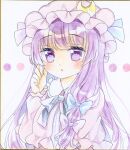  1girl blue_bow blue_ribbon bow commentary_request crescent crescent_hat_ornament dress hair_bow hat hat_ornament highres kagome_f long_hair long_sleeves looking_at_viewer mob_cap neck_ribbon patchouli_knowledge pink_bow pink_dress pink_hat ribbon shikishi simple_background solo touhou traditional_media upper_body white_background 