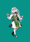  1girl :d animal_ears ankle_boots aqua_background atla_fayon bad_id bad_pixiv_id bare_shoulders black_boots black_dress black_hair blunt_bangs boots braid child closed_eyes dress full_body gold_trim green_dress hair_tubes highres long_hair long_sleeves medium_dress minami_seira multicolored_dress multicolored_hair official_art open_mouth outstretched_arms promotional_art simple_background smile solo spread_arms standing tate_no_yuusha_no_nariagari teeth tiger tiger_ears tiger_girl twin_braids two-tone_hair upper_teeth_only white_dress white_hair white_tiger wide_sleeves 