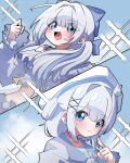  2girls :3 absurdres ahoge beret blue_bow blue_eyes blue_sailor_collar blush bow choker closed_mouth commentary eyes_visible_through_hair fang frilled_sleeves frills gosegu grey_hair hair_bow hair_intakes hair_ornament hand_up hat highres index_finger_raised isegye_idol korean_commentary long_hair long_sleeves looking_at_viewer medium_hair multiple_girls ohun open_mouth pointing pointing_at_self sailor_collar shirt sidelocks skin_fang smile sparkle twintails virtual_youtuber waktaverse white_hair white_shirt x_hair_ornament 