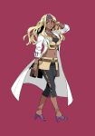 1girl bad_id bad_pixiv_id belt belt_pouch belted_shirt black_pants black_shirt blonde_hair breasts brown_belt cleavage coat collarbone dark-skinned_female dark_skin full_body hand_up headband high_heels highres jewelry lab_coat large_breasts layered_shirt long_hair looking_at_viewer midriff minami_seira miniskirt navel necklace official_art open_clothes open_coat pants parted_lips pink_background pink_lips pouch promotional_art purple_headband purple_shoes ratotille_anthreya_(tate_no_yuusha_no_nariagari) red_eyes shirt shoes simple_background skirt sleeves_past_wrists solo tate_no_yuusha_no_nariagari v-shaped_eyebrows wavy_hair white_coat yellow_shirt yellow_skirt 