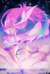  1girl absurdres amphoreus_(honkai:_star_rail) aqua_hair artist_name breasts commentary cyrene_(demiurge)_(honkai:_star_rail) cyrene_(honkai:_star_rail) dress halo high_heels highres honkai:_star_rail honkai_(series) long_hair medium_breasts mobius_strip multicolored_hair pink_hair prim_prim purple_eyes sky smile solo standing standing_on_liquid star_(sky) starry_sky two-tone_hair very_long_hair white_dress 