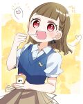  1girl :d ahoge black_bow blue_shirt blue_sweater_vest bow brown_hair brown_skirt collared_shirt commentary_request food hair_bow heart heart_ahoge highres holding holding_food holding_ice_cream holding_spoon ice_cream kachimachi_kosuzu kachimachi_kosuzu_(hasu_no_shoushihenkei_no_kyuujitsu) kanduki_kamibukuro long_hair looking_at_viewer love_live! love_live!_hasu_no_sora_jogakuin_school_idol_club open_mouth pink_eyes pleated_skirt shirt short_sleeves side_ahoge skirt smile solo spoon sweater_vest virtual_youtuber yellow_background 