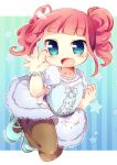  1girl :d bead_bracelet beads blue_background blue_dress blue_eyes blue_shoes blunt_bangs blush bracelet brown_pantyhose commentary_request dress drill_hair full_body hand_up highres jewelry letterboxed looking_at_viewer matatabi_(nigatsu) open_mouth outline outside_border pantyhose pink_hair player_character_(pripara) polka_dot polka_dot_pantyhose pretty_series pripara shoes short_hair short_sleeves sidelocks smile solo star_(symbol) striped_background twin_drills vertical-striped_background white_outline 