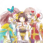  3girls arch_bishop_(ragnarok_online) black_dress black_hair blue_dress blue_eyes blush bow brown_hair butterfly_hair_ornament cleavage_cutout closed_mouth clothing_cutout commentary_request cowboy_shot cross cup dormir_(challco) dress fishnet_thighhighs fishnets green_eyes grin hair_bow hair_ornament heart heart_hair_ornament holding holding_cup holding_staff juliet_sleeves long_hair long_sleeves looking_at_viewer multiple_girls open_mouth pointy_ears puffy_sleeves purple_eyes ragnarok_online red_dress sash short_hair simple_background smile staff teacup thighhighs two-tone_dress white_background white_dress white_thighhighs yellow_bow yellow_sash 