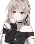  1girl arm_warmers bare_shoulders black_choker black_ribbon black_shirt black_sweater braid butterfly_hair_ornament choker closed_mouth collarbone commentary ggul-so green_eyes hair_ornament hair_ribbon hand_up highres isegye_idol jewelry korean_commentary long_hair long_sleeves looking_at_viewer necklace off-shoulder_shirt off-shoulder_sweater off_shoulder ribbed_shirt ribbed_sleeves ribbed_sweater ribbon shirt simple_background smile solo spaghetti_strap sweater upper_body very_long_hair viichan viichan_(newnewviichan) virtual_youtuber waktaverse white_background 