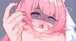  1girl absurdres bridal_veil collarbone commentary_request cum cum_on_body cum_on_hands diamond-shaped_pupils diamond_(shape) elysia_(herrscher_of_human:_ego)_(honkai_impact) elysia_(honkai_impact) grey_hair highres honkai_(series) honkai_impact_3rd long_hair looking_at_viewer lty-d nude open_mouth partially_shaded_face pink_hair pink_nails purple_eyes simple_background solo symbol-shaped_pupils teeth upper_teeth_only veil very_long_hair 