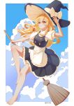  1girl absurdres apron artist_name barefoot black_hat black_skirt black_vest blonde_hair blue_sky bow braid breasts broom broom_riding closed_mouth cloud commentary day frilled_skirt frills full_body hair_bow hat hat_bow highres kirisame_marisa long_hair looking_at_viewer outdoors puffy_short_sleeves puffy_sleeves red_bow short_sleeves side_braid single_braid skirt sky small_breasts smile solo toes touhou vest waist_apron white_apron white_bow witch_hat wu_yao_luo_lan yellow_eyes 