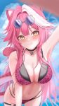  1girl animal_ears animal_print armpits bikini black_bikini black_choker blue_sky blurry blurry_foreground blush bow_necklace breasts cat_o-ring choker cleavage closed_mouth cloud cloudy_sky collarbone commentary daone day english_commentary eyeshadow eyewear_on_head grey-framed_eyewear hair_intakes highres hololive hololive_english jewelry large_breasts leopard_print leopard_print_bikini long_hair looking_at_viewer makeup multicolored_hair navel necklace o-ring official_alternate_costume outdoors panther_ears panther_girl panther_tail pink_bikini pink_eyeshadow pink_hair pink_tail print_bikini purple-tinted_eyewear raora_panthera raora_panthera_(holonatsu_paradise) reaching reaching_towards_viewer skindentation sky smile solo stomach streaked_hair sunglasses swimsuit tail thigh_strap thighs tinted_eyewear two-tone_hair virtual_youtuber yellow_eyes 