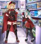  2girls absurdres admiral_hipper_(azur_lane) admiral_hipper_(retrofit)_(azur_lane) azur_lane azuristars bare_shoulders black_boots black_cape black_dress black_gloves black_hat black_pantyhose black_shoes black_thighhighs blonde_hair boots breasts cape commentary commission dress english_commentary full_body gloves glowworm_(azur_lane) glowworm_(retrofit)_(azur_lane) gm_(mobile_suit) green_eyes green_hair gundam gunpla hand_on_own_hip hand_up hat height_difference highres indoors knee_boots long_hair military_uniform mobile_suit_gundam model_kit model_ship multiple_girls one_eye_closed pantyhose peaked_cap red_dress red_skirt rx-78-2_gundam shoes sideboob skirt small_breasts sparkling_eyes thigh_strap thighhighs two_side_up very_long_hair zettai_ryouiki 