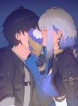  1boy 1girl absurdres black_flower black_hair black_jacket blake_bloom_(wuthering_waves) blue_bra blue_nails bra breasts cheseu commentary earrings fingernails flower galbrena_(wuthering_waves) grey_hair grey_shirt hetero highres holding holding_ice_cream_cone ice_cream_cone jacket jewelry kiss long_fingernails male_rover_(wuthering_waves) medium_breasts medium_hair nail_polish rover_(wuthering_waves) shirt sidelocks underwear upper_body very_long_fingernails wuthering_waves 