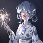  1girl alternate_costume blue_hair braid braided_hair_rings closed_eyes commentary_request fireworks floral_print floral_print_kimono flower furisode hair_flower hair_ornament hair_rings highres holding holding_fireworks japanese_clothes kimono mahou_shoujo_no_majo_saiban night obi open_mouth print_kimono sash short_hair sky smile solo sudamasakikita tachibana_sherry upper_body white_kimono wide_sleeves 