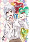  1girl absurdres anno_im balloon birthday bleach braid cake commentary_request crown food food_in_mouth fork fruit grey_hair hair_ribbon happy_birthday heart_balloon highres holding holding_fork holding_tray kotetsu_isane long_sleeves open_mouth ribbon shirt short_hair single_braid solo strawberry tray white_shirt yellow_eyes 