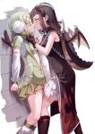  2_ru 2girls absurdres against_wall assertive_female bare_arms black_boots black_coat black_gloves black_hair black_ribbon blunt_bangs boots breasts chain coat commentary_request crop_top detached_sleeves dragon_tail dragon_wings dress earmuffs eye_contact feet_out_of_frame flame_print from_side fur_leg_warmers gloves grabbing_another's_hair green_eyes green_hair green_jacket green_scarf green_skirt hair_behind_ear highres holding_another's_hair imminent_kiss jacket kabedon knee_boots leg_between_thighs leg_warmers light_blush long_hair looking_at_another magia_record:_mahou_shoujo_madoka_magica_gaiden magical_girl mahou_shoujo_madoka_magica midriff miniskirt miyabi_shigure multiple_girls navel ooba_juri orange_eyes parted_lips partially_open_jacket pleated_skirt ribbon scarf short_dress short_hair sidelocks signature skirt sleeveless sleeveless_coat small_breasts stomach tail teeth thighs trembling white_background white_dress white_ribbon wide-eyed wings yuri zipper zipper_pull_tab 