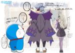  1girl absurdres antenna_hair black_capelet black_dress bow brooch capelet closed_mouth clothes_on_shoulders collar commentary_request crossover domino_mask doraemon doraemon_(character) dorayaki dress eye_mask food geta goemon_(precure) grey_hair hagoromo_fly hair_intakes hair_ornament heart heart_brooch highres holding jewelry long_hair mashu-tan mask meitantei_precure! moria_luluka open_mouth pocket precure red_collar red_nose shoes shop shopping speech_bubble translation_request wagashi 