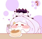  :t afterimage ahoge ahoge_wag blue_archive blush closed_eyes closed_mouth commentary_request eating expressive_hair facing_viewer food food_on_face fork grey_hair hair_ornament hairclip halo heart highres hina_(blue_archive) holding holding_fork horns kurukurumagical long_hair parted_bangs plate puffy_cheeks single_hair_intake solo very_long_hair white_background 