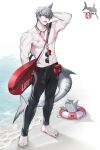  1boy abs absurdres bag barefoot beach black_nails black_pants commentary feet grey_eyes grey_hair highres innertube lifeguard male_focus muscular muscular_male ocean open_mouth original pants scar scar_on_arm scar_on_chest scar_on_face shark sharp_teeth short_hair shoulder_bag solcha solo sunglasses swim_ring teeth toes topless_male untranslatable_commentary whistle whistle_around_neck white_background 