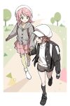  2girls backpack bag behind_another beret black_eyes black_gloves black_jacket black_shoes black_socks border borrowed_character braid brown_bag brown_gloves brown_hair brown_shorts buttons cardigan commission flat_chest frilled_skirt frills full_body glasses gloves grass green_eyes grey_cardigan hat highres holding_hands hood hooded_cardigan jacket kneehighs layered_skirt light_smile looking_at_another multiple_girls newsboy_cap open_clothes open_jacket original outdoors outline outside_border path perspective pink_hair pink_skirt plaid_bag ribbed_cardigan round_eyewear second-party_source shirt shoes shorts skeb_commission skirt socks thighhighs tree turtleneck turtleneck_shirt twin_braids white_border white_hat white_outline white_shirt white_shoes yellow_thighhighs yuden_33 
