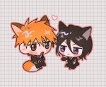  1boy 1girl :3 animal_ears black_hair black_hakama black_kimono bleach blush_stickers brown_hair cat_ears cat_girl cat_tail chibi chibi_only closed_mouth commentary double-parted_bangs extra_ears fang fox_boy fox_ears fox_tail full_body gwao_(_ul_13) hair_between_eyes hakama heart highres japanese_clothes kemonomimi_mode kimono korean_commentary kuchiki_rukia kurosaki_ichigo medium_hair open_mouth orange_hair outline pink_outline purple_eyes short_hair simple_background slit_pupils smile smug tail v-shaped_eyebrows white_background 