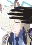  1girl absurdres animal_ears black_gloves blonde_hair blue_archive blue_eyes blue_halo blue_jacket blue_necktie commentary_request gloves grey_skirt halo highres jacket kanna_(blue_archive) long_hair looking_at_viewer necktie nekozaru one_eye_covered open_mouth portrait shoulder_boards simple_background skirt solo white_background wolf_ears 