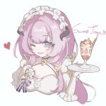  1girl :o ;o black_horns blue_eyes breasts chinese_commentary cleavage commentary_request cropped_shoulders elf elysia_(honkai_impact) elysia_(miss_pink)_(honkai_impact) elysia_(miss_pink_elf)_(honkai_impact) english_commentary fake_horns food gloves heart highres honkai_(series) honkai_impact_3rd horns ice_cream large_breasts long_hair looking_at_viewer maid maid_headdress mixed-language_commentary official_alternate_costume one_eye_closed pink_hair pointy_ears remedy_(wumingshi33133) simple_background smile solo sundae very_long_hair white_background white_gloves 