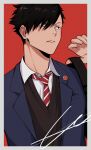  1boy absurdres bag black_hair black_sweater_vest blue_jacket border closed_mouth commentary_request diagonal-striped_clothes diagonal-striped_necktie dress_shirt fingernails haikyuu!! highres jacket kkno_k kuroo_tetsurou male_focus necktie red_background red_necktie shirt short_hair shoulder_bag solo striped_clothes striped_necktie sweater_vest white_border white_shirt 